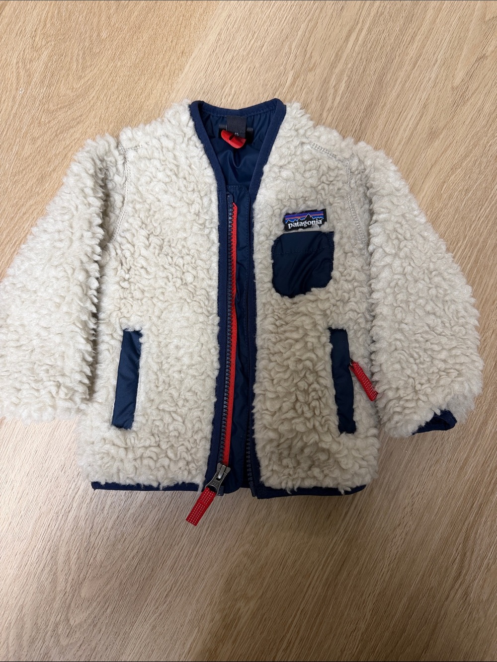 Patagonia Kids Cream Sherpa Zip Jacket with Navy Trim in